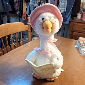 Adorable White Goose Plush with Pink Hat Says Nursery Rhymes